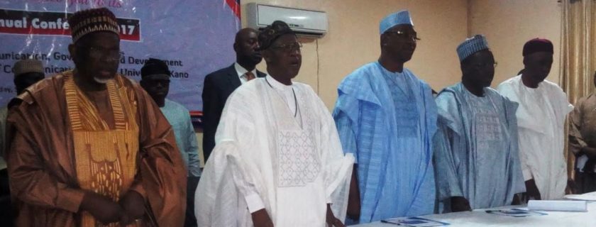 L-R: Former Ambassador of Nigeria to the United Kingdom, Prof Jubril Aminu, the The Honourable Minister for Information and Culture of the Federal Republic of Nigeria, Alhaji Lai Mohammed, Representative of the Kano State Governor and Commissioner of Information Mallam Mohammed Garba and the the Vice Chancellor, Bayero University Kano, Prof. Muhammad Yahuza at the opening ceremony of the 4th Annual Conference of the Association of Communication Scholars and Professionals of Nigeria (ACSPN) in Kano State.