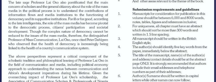 Call For Book Chapter in Memory of Late Professor Lai Oso